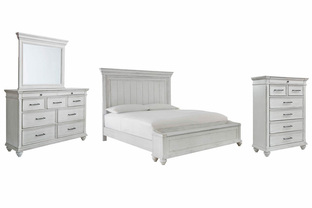 Kanwyn Whitewash Kanwyn King Panel Bed with Storage with Mirrored Dresser and Chest