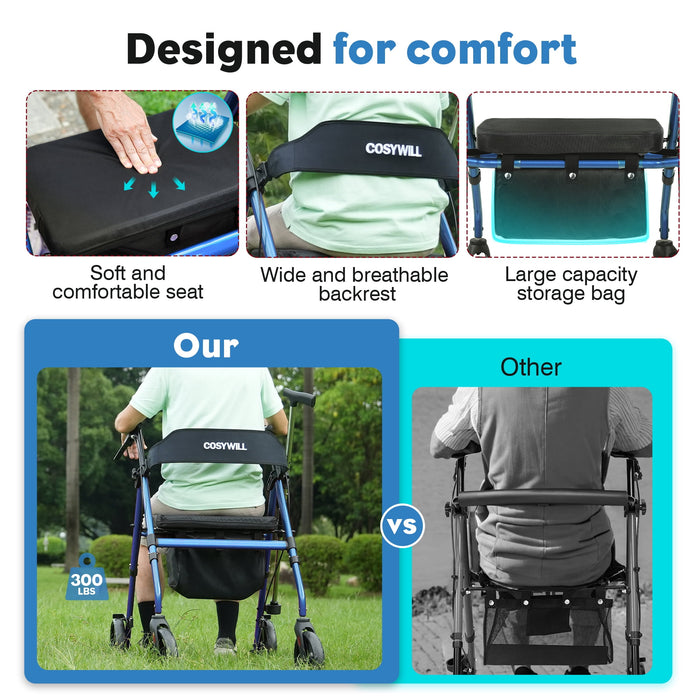 COSYWILL Rollator Walker with Seat,Foldable Mobility Walker with Durable Steel,Rolling Walker with 8" Wheels for All Terrain,Adjustable Height,300 lbs,Blue - open_box