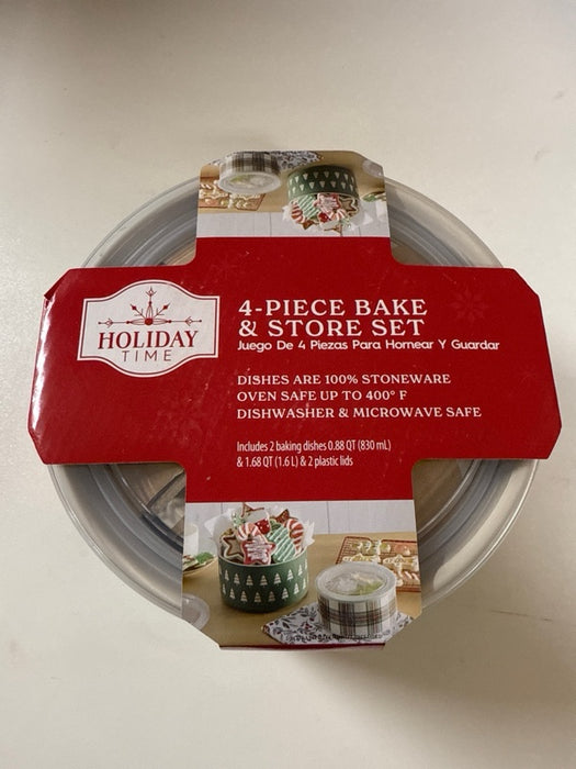 Holiday Time 4-Piece Trees & Plaid Glazed Stoneware Bake & Store Containers Set, Multicolor - new