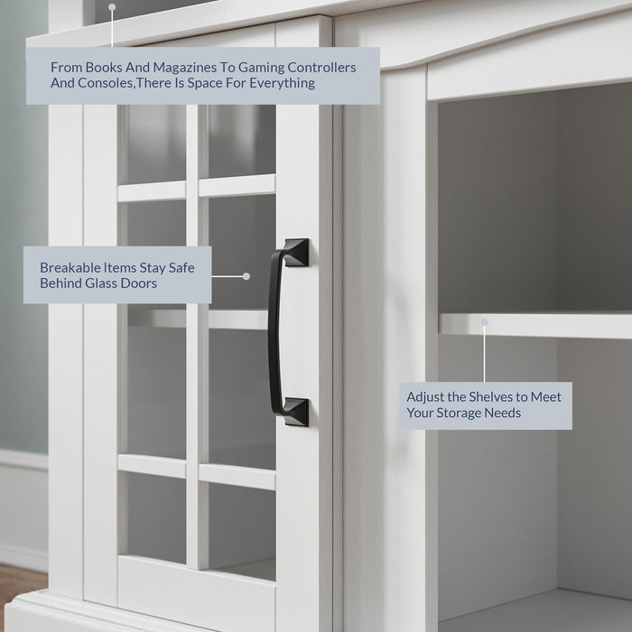 BELLEZE 58 Inch TV Stand, Rustic Wood Entertainment Center for TVs up to 65", Contemporary Media Console Table with Two Open Shelves and Glass Door Cabinets - Astorga (White) - new