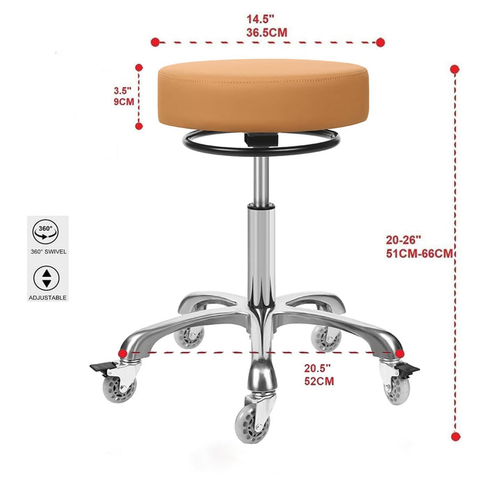 McDooFly Round Rolling Stools with Wheels Adjustable Swivel Stool 400 lbs Heavy Duty Rolling Stool Seat Cushion Leather Desk Stool for Kitchen Counter Shop Salon Spa Medical Garage(Camel). - open_box
