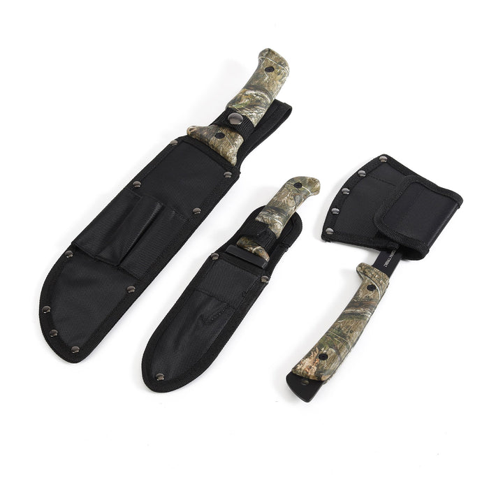 Ozark Trail 12-Pack Camping Tool Set with 180-Lumen Flashlight, 10" Machete, 4.5" Hatchet, 5" Knife, Sharpening Stone, Fire Starter, 50 Foot Utility Cord and Carabiners, Mossy Oak Dna Camo - new