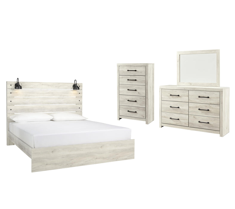 Cambeck Whitewash Cambeck King Panel Bed with Mirrored Dresser and Chest