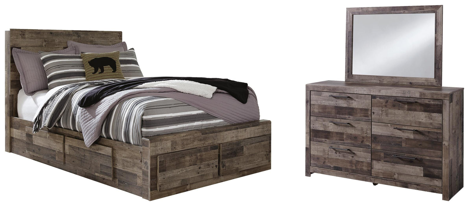 Derekson Multi Gray Derekson Full Panel Bed with 6 Storage Drawers with Mirrored Dresser