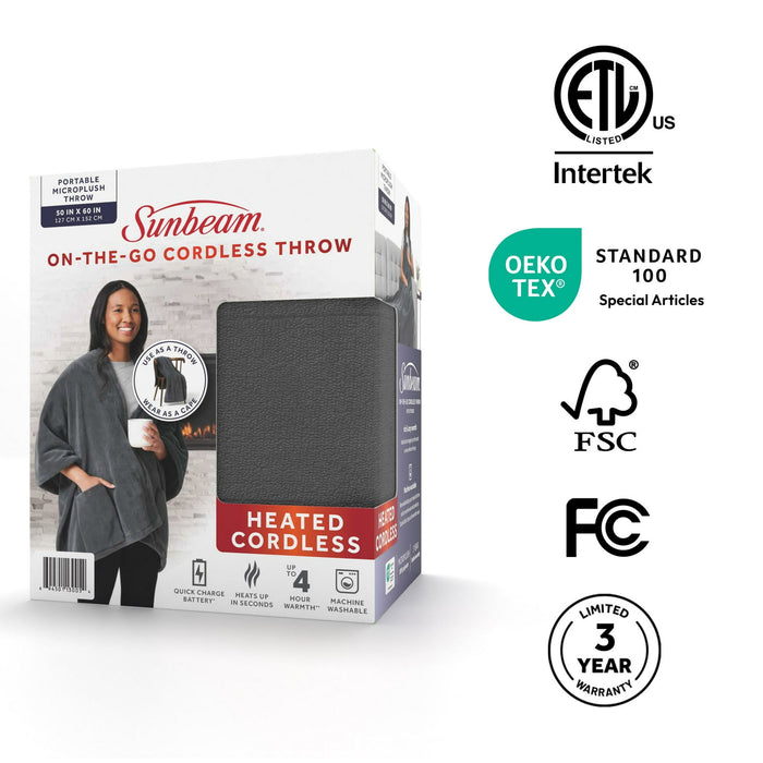 Sunbeam On-the-Go Cordless Heated Throw Blanket Microplush Gray 4 Heat Settings 50" x 60" - new