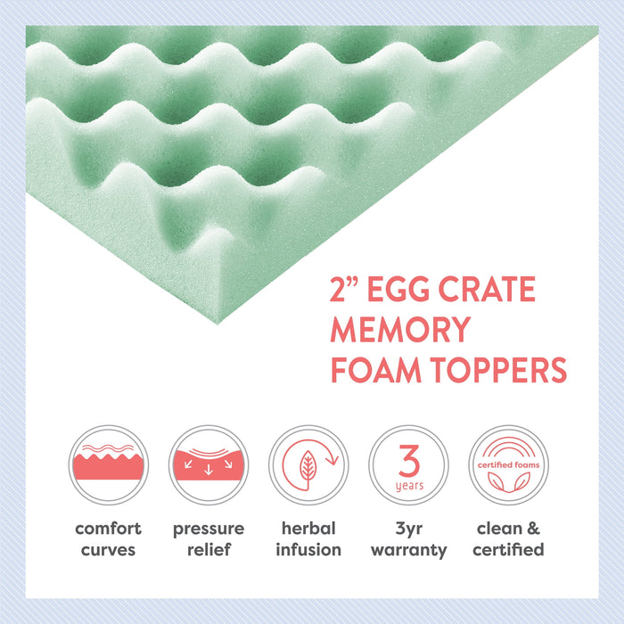 Mellow 2" Egg Crate Memory Foam Mattress Topper with Aloe Vera Infusion, Queen - open_box