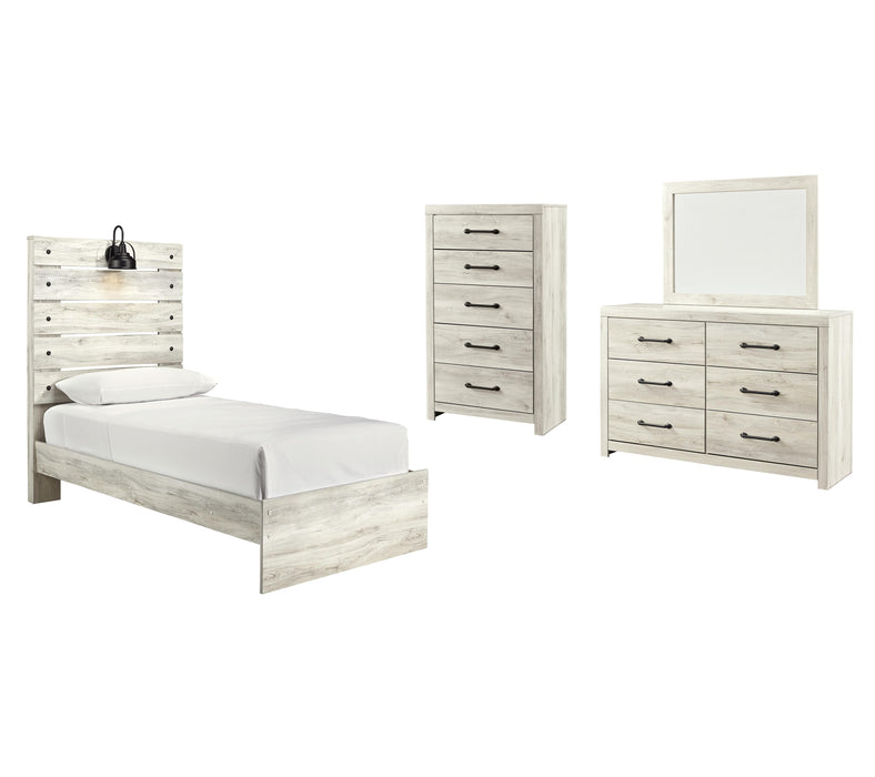 Cambeck Whitewash Cambeck Twin Panel Bed with Mirrored Dresser and Chest