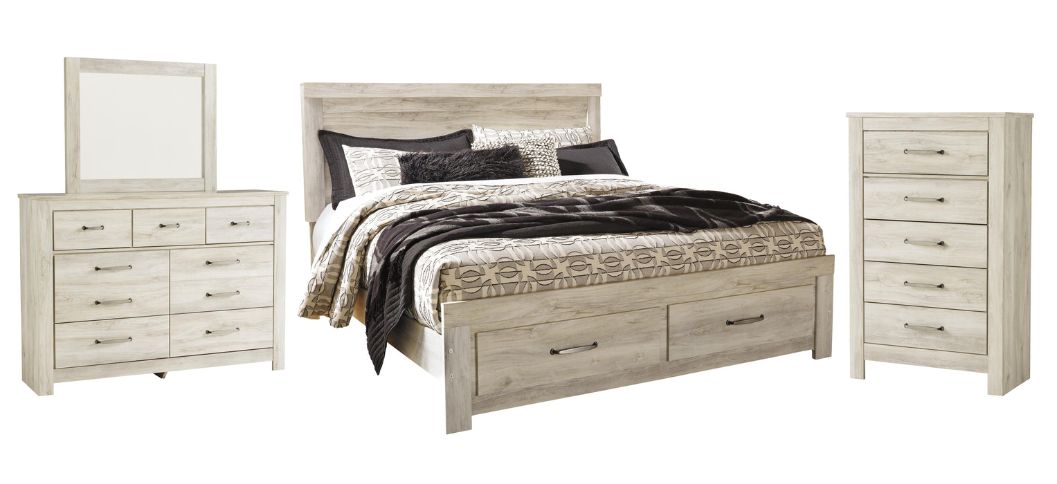 Bellaby Whitewash Bellaby King Platform Bed with 2 Storage Drawers with Mirrored Dresser and Chest