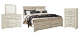 Bellaby Whitewash Bellaby King Platform Bed with 2 Storage Drawers with Mirrored Dresser and Chest