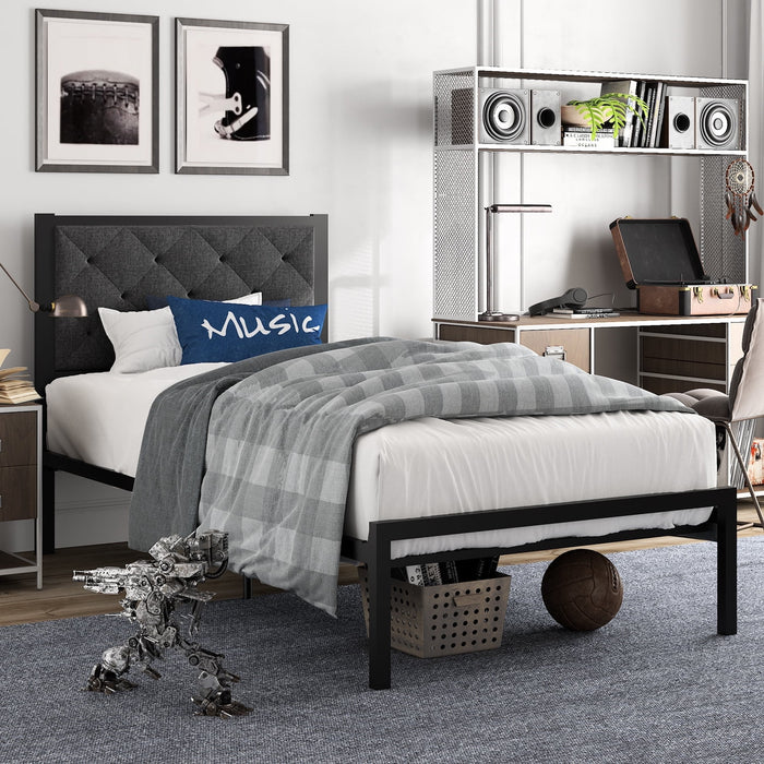 Amolife Twin Size Metal Bed Frame with Upholstered Headboard, Dark Gray - new