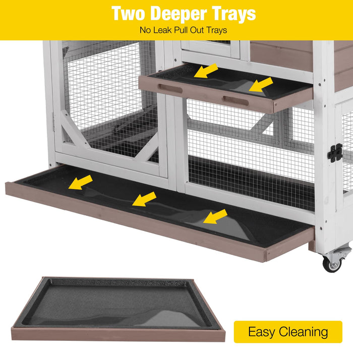 Aivituvin Rabbit Cage Indoor Outdoor Bunny Hutch on Wheels, 2 Story Wood Guinea Pig Cages with 2 Deeper Pull Out Trays - new