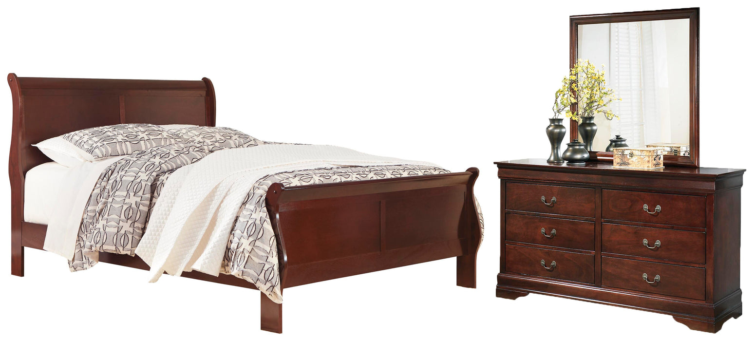 Alisdair Reddish Brown Alisdair Queen Sleigh Bed with Mirrored Dresser - Brand New