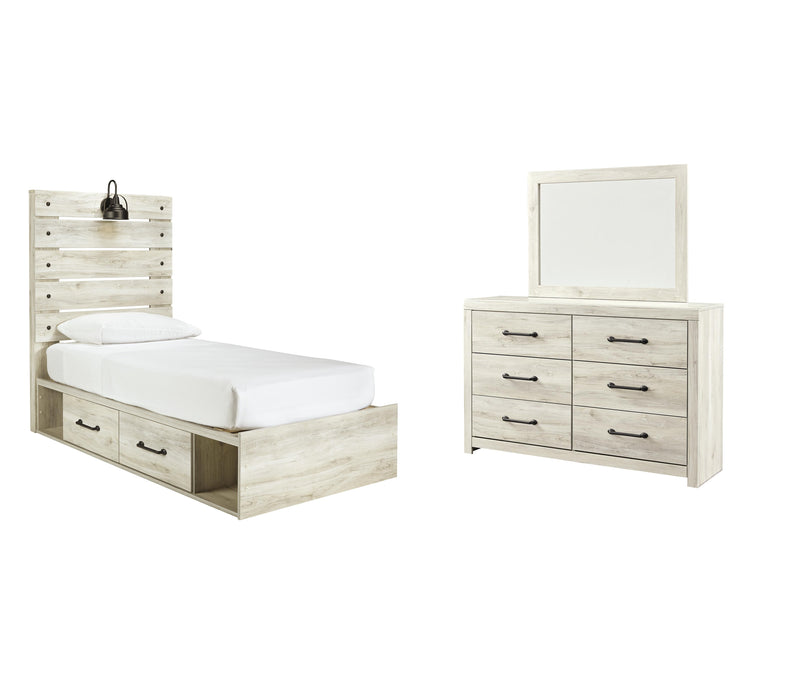 Cambeck Whitewash Cambeck Twin Panel Bed with 2 Storage Drawers with Mirrored Dresser