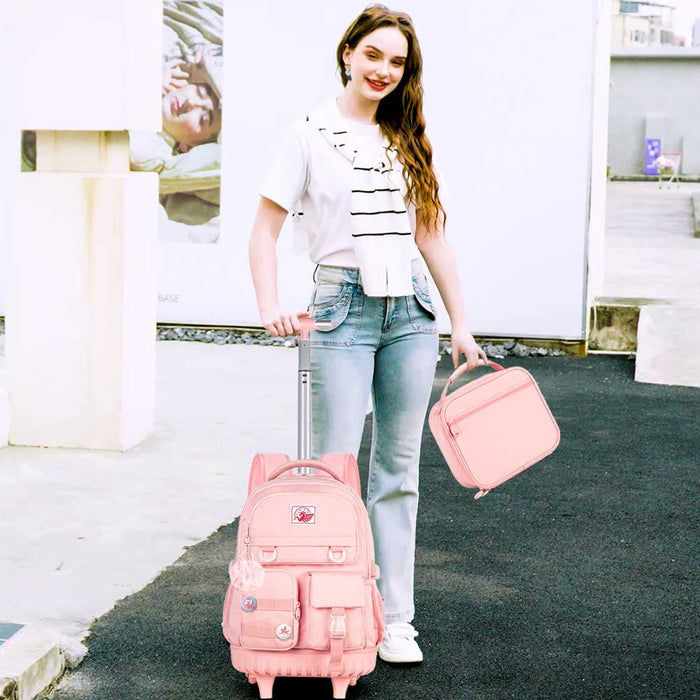 AGSDON Rolling Backpack for Girls and Women, Roller Wheels School Bookbag, Wheeled Suitcase Backpacks with Lunch Bag for Teen - Pink - new