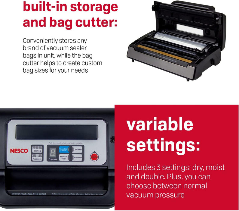 Nesco Deluxe Food VS-12 Vacuum Sealer, 130 Watts, Kit Bags & Viewing Lid, Compact, Silver - new