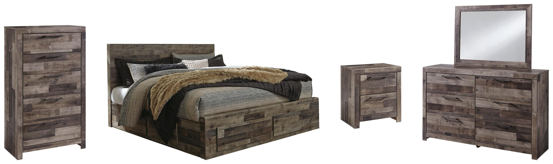Derekson Multi Gray Derekson King Panel Bed with 6 Storage Drawers with Mirrored Dresser, Chest and Nightstand
