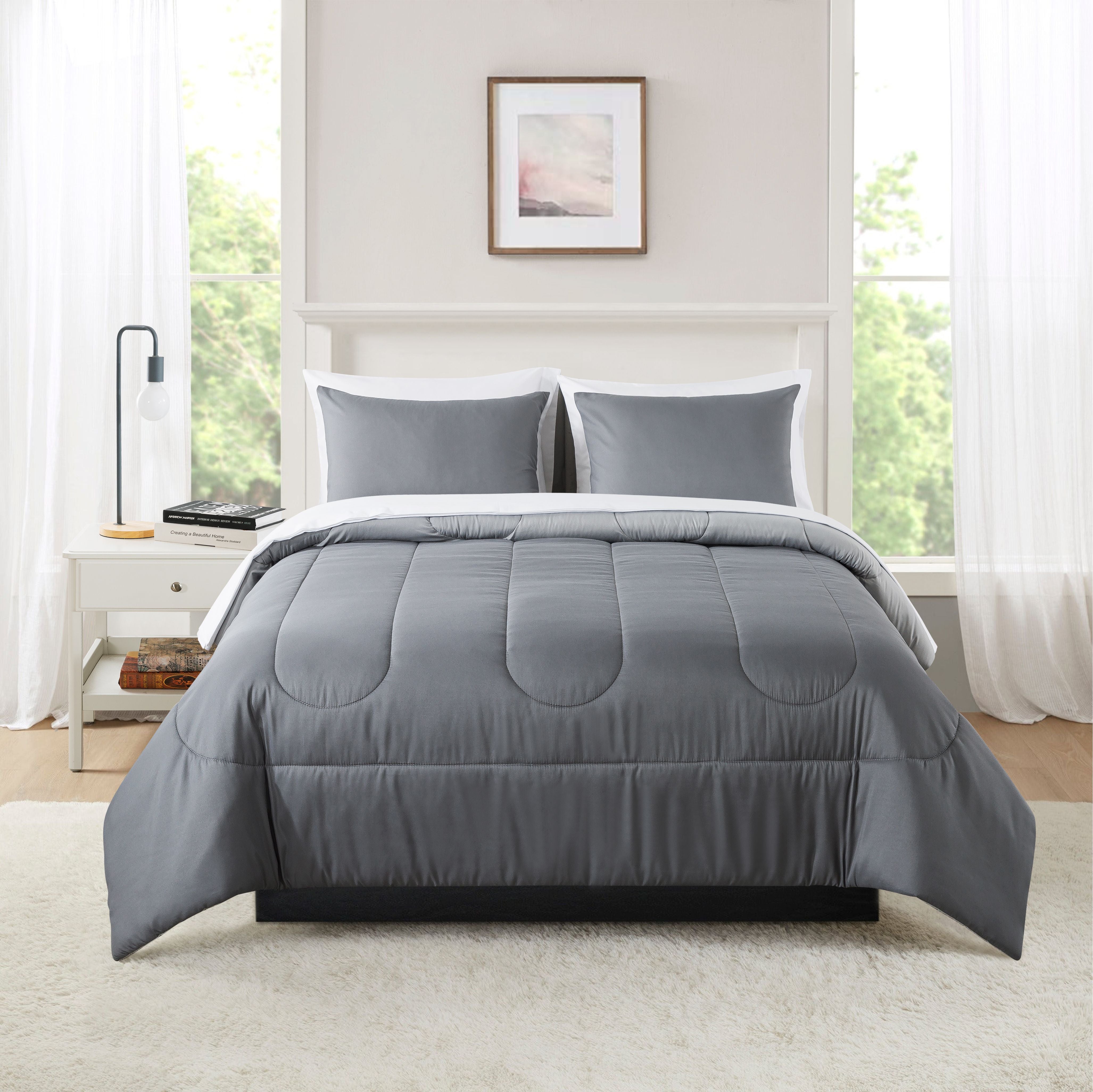 Mainstays Grey Reversible 7-Piece Bed in a Bag Comforter Set with Sheets, King - open_box