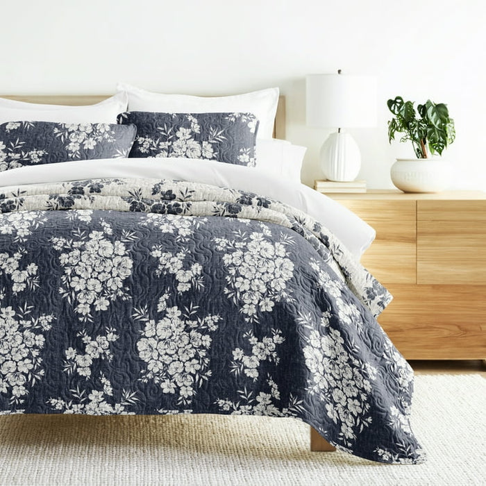 Noble Linens 3-Piece Navy Distressed Bouquet Reversible Quilt Set, Queen - open_box