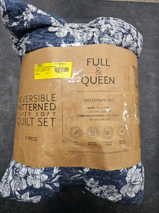 Noble Linens 3-Piece Navy Distressed Bouquet Reversible Quilt Set, Queen - open_box