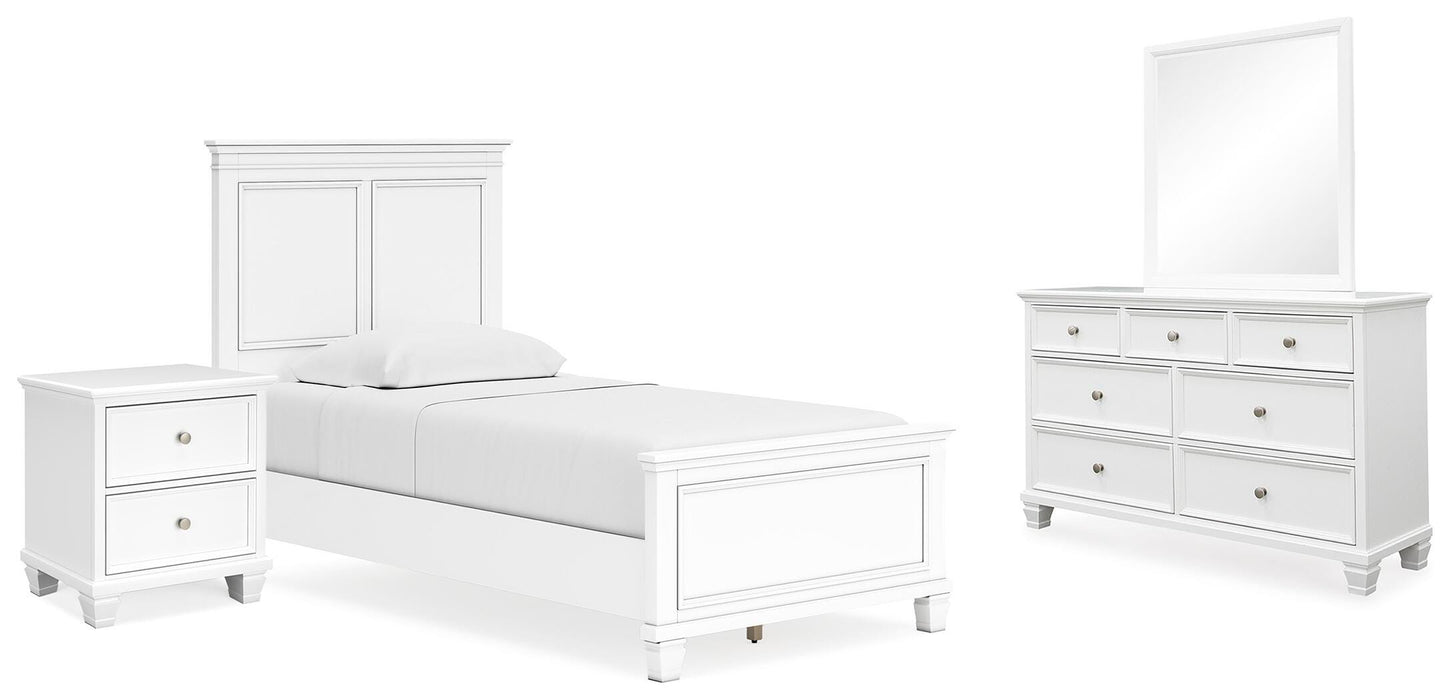 Fortman White Fortman Twin Panel Bed with Mirrored Dresser and Nightstand - Brand New