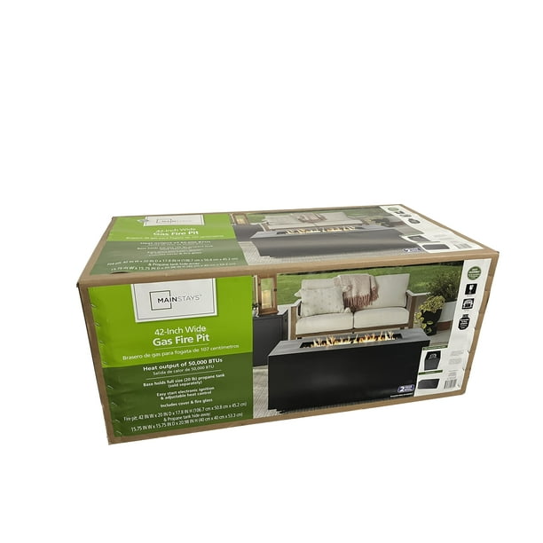 Mainstays 42" Rectangle Black Finish Modern Steel Fire Pit: 42" x 20" 50000 BTU Propane Fire Pit Table with Lid, Tank Hideaway and Cover - open_box