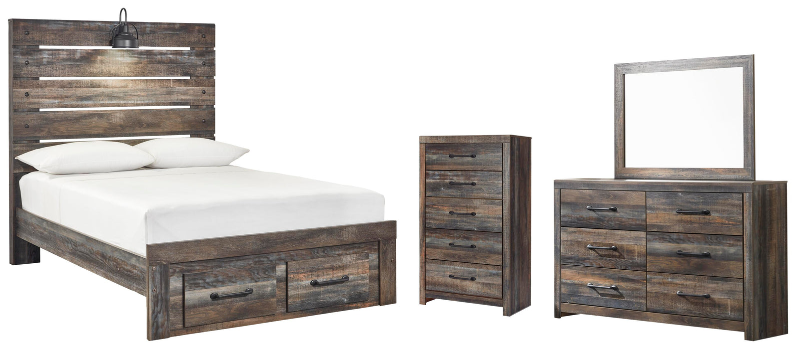 Drystan Multi Drystan Full Panel Bed with 2 Storage Drawers with Mirrored Dresser and Chest