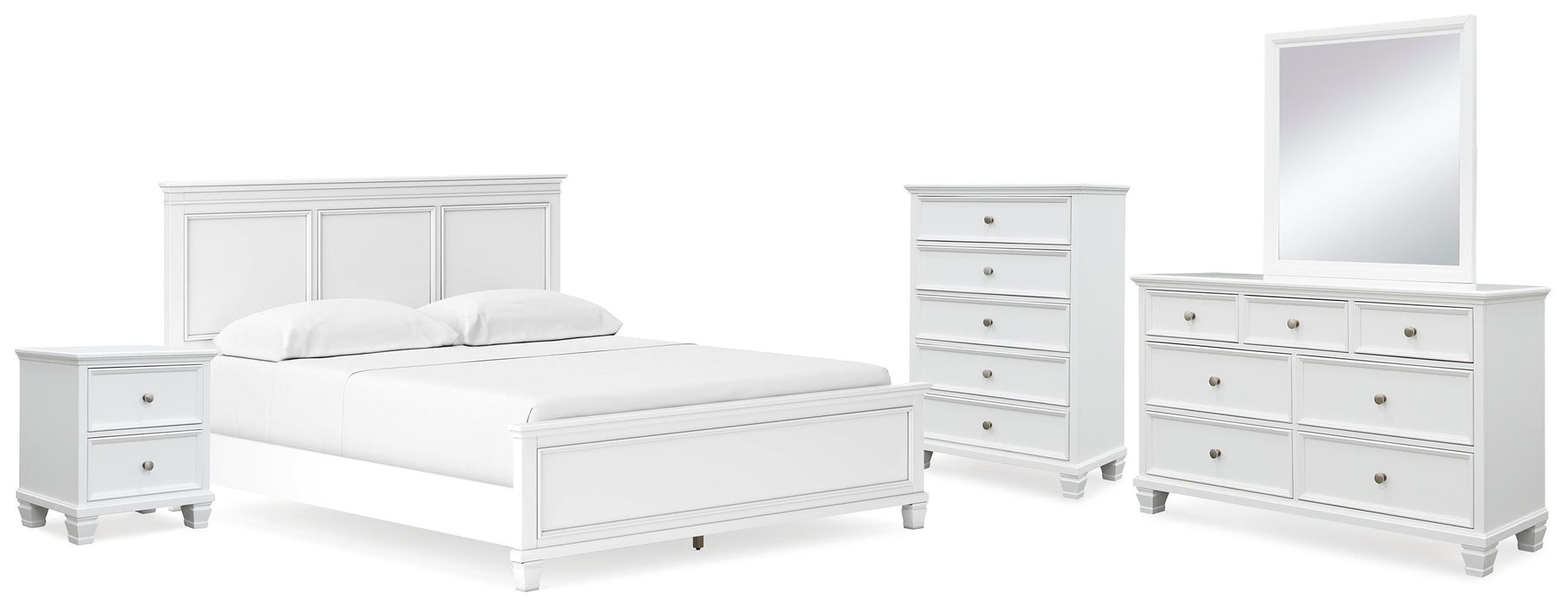 Fortman White Fortman California King Panel Bed with Mirrored Dresser, Chest and Nightstand
