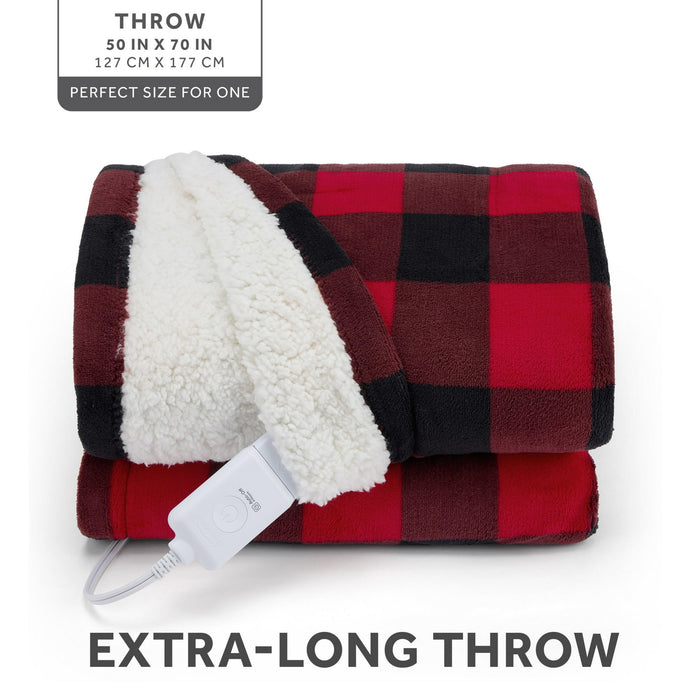 Sunbeam Electric Heated Throw Red/Black Plaid Microplush Faux Shearling 4 Heat 50x70 - new