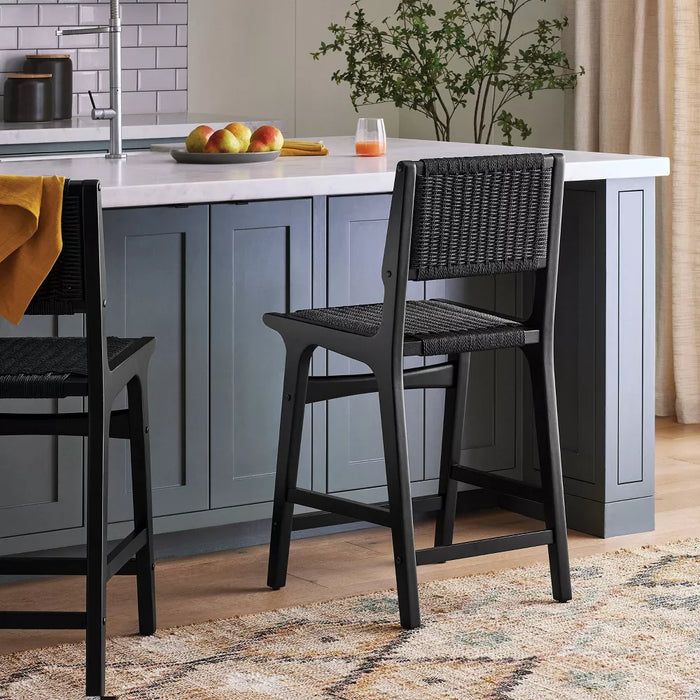 Ceylon Woven Counter Height Barstool Black - Threshold: Rubberwood Frame, Metal Hardware, Fixed 24" Seat Height - new