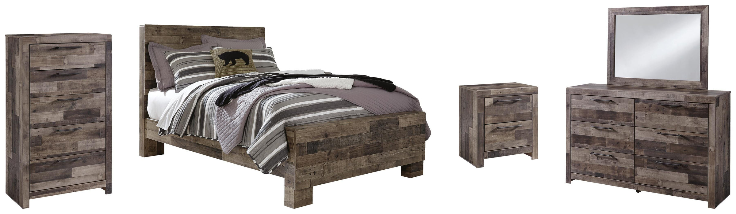 Derekson Multi Gray Derekson Full Panel Bed with Mirrored Dresser, Chest and Nightstand