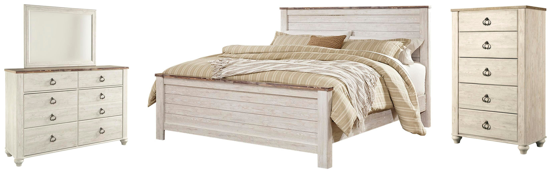 Willowton Whitewash Willowton King Panel Bed with Mirrored Dresser and Chest