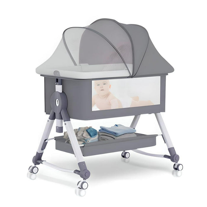 XunKA 4 in 1 Infant Baby Bassinet with Mosquito Net and Storage Rack,Adjustable Height,Gray. - new