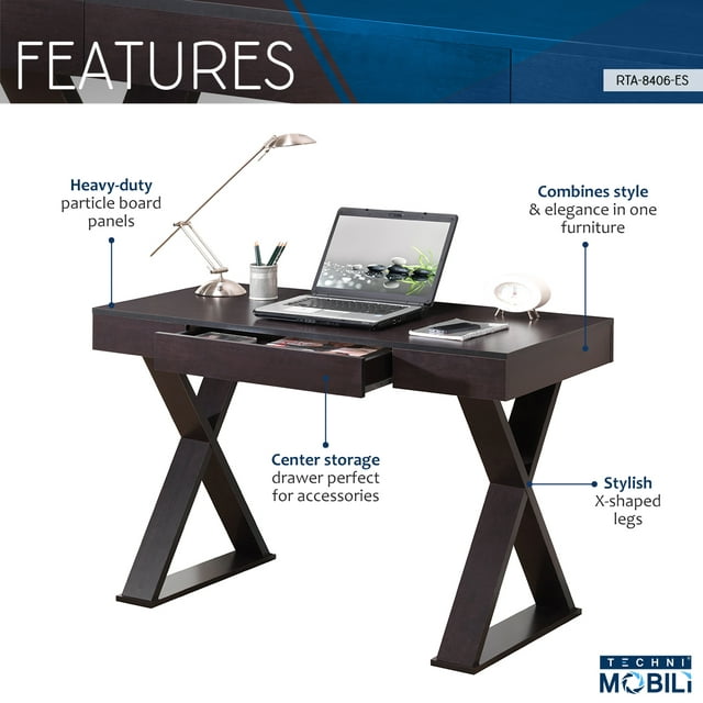 Techni Mobili Trendy Home Office Desk with Drawer, Espresso - display_model