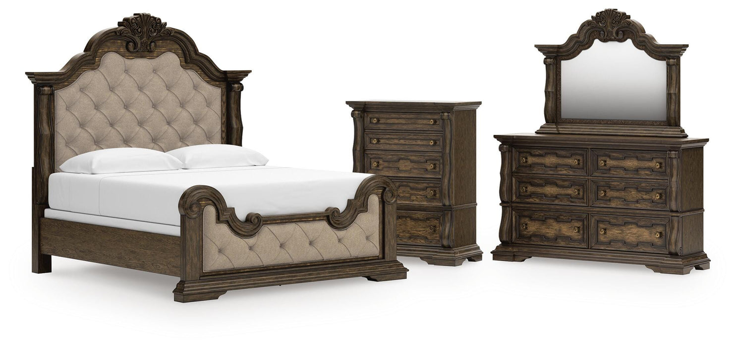 Maylee Dark Brown Maylee King Upholstered Bed, Dresser, Mirror and Chest - Brand New