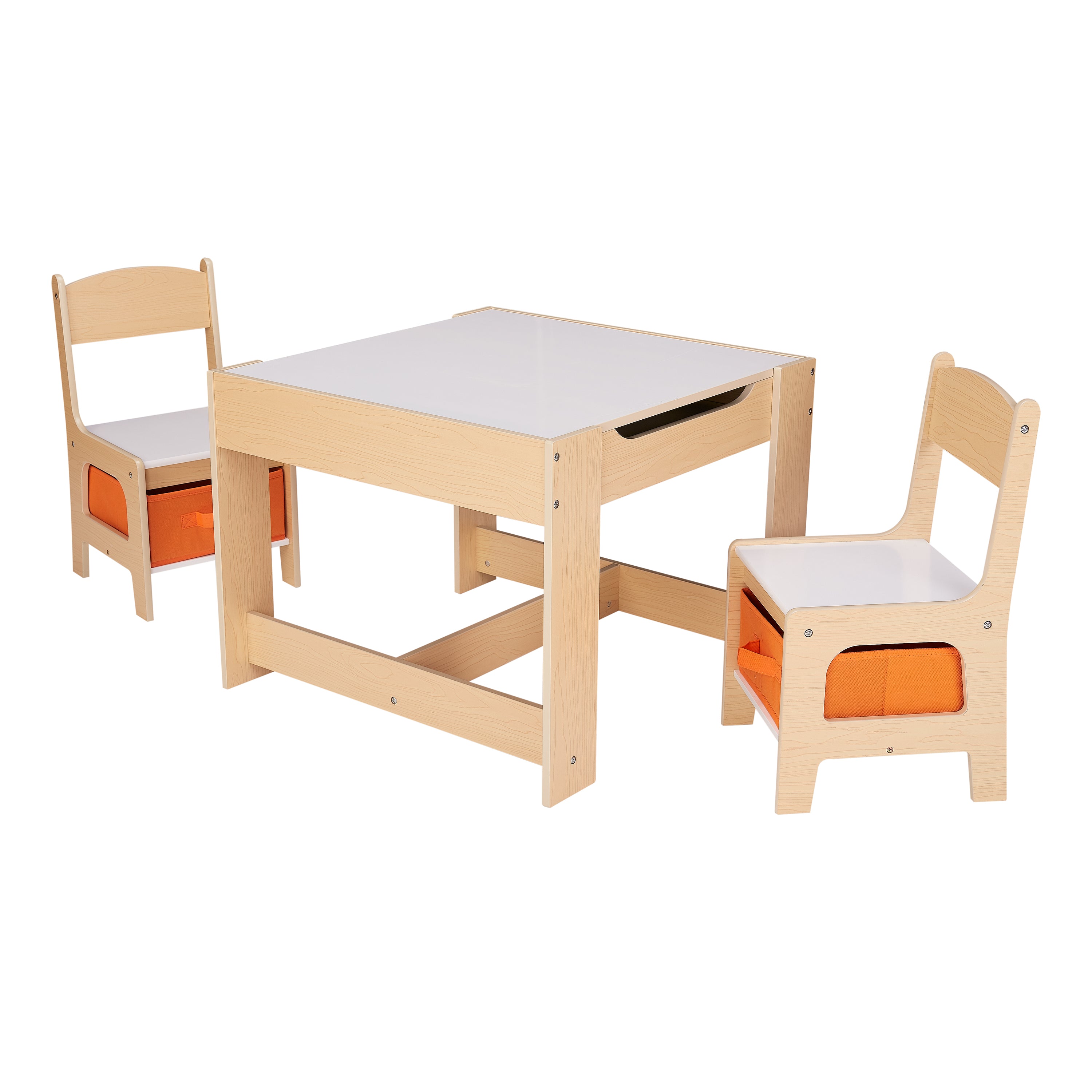 Senda Kids 3 Piece Wooden Storage Table and Chairs Set, White and Natural, Ages 3-7 - open_box