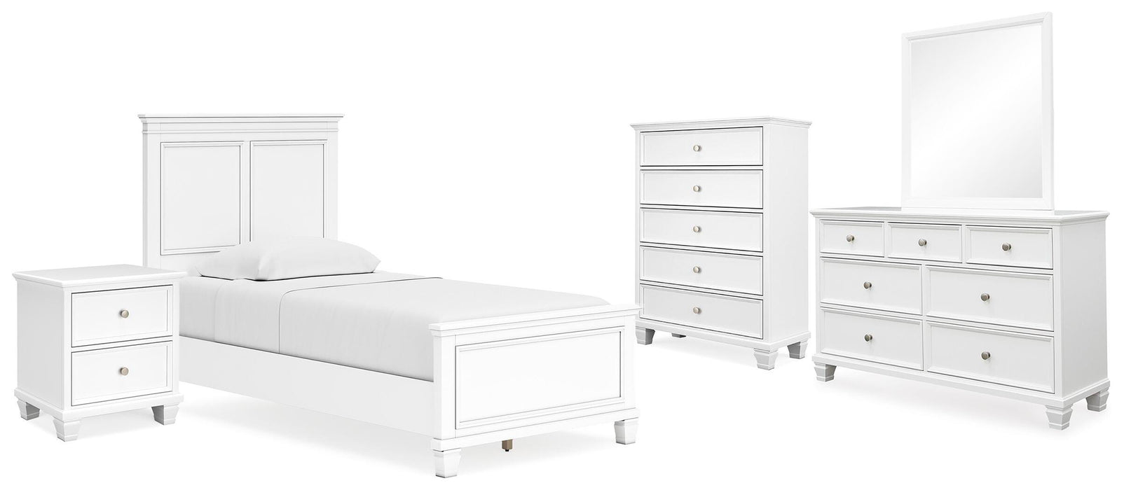 Fortman White Fortman Twin Panel Bed with Mirrored Dresser, Chest and Nightstand - Brand New