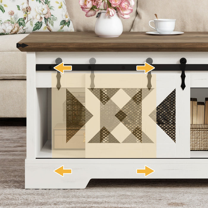 DWVO Farmhouse Lift Top Coffee Table with Storage & Sliding Door, Rustic Center Table for Living Room, White and Brown - open_box