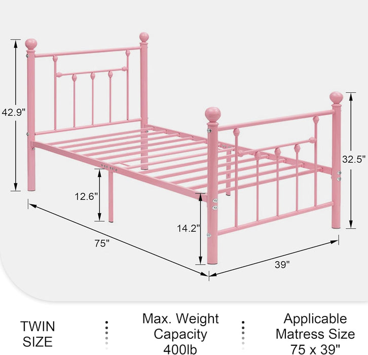 VECELO Twin Size Metal Platform Bed Frame with Headboard and Footboard, Heavy Duty Slat Support/No Box Spring Needed Mattress Foundation/Underbed Storage Space, Victorian Style - new