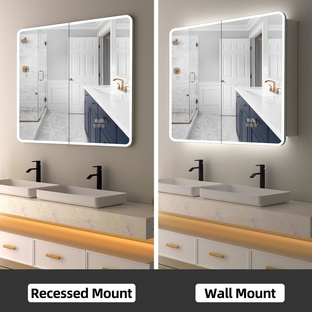 Aluminum LED Bathroom Medicine Cabinet with Mirror,Recessed or Wall-mounted,Defogger,Built-in power and USB - open_box