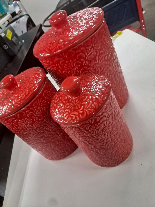 10 Strawberry Street Fleur Embossed 3 Piece Ceramic Canister Set, Red - new