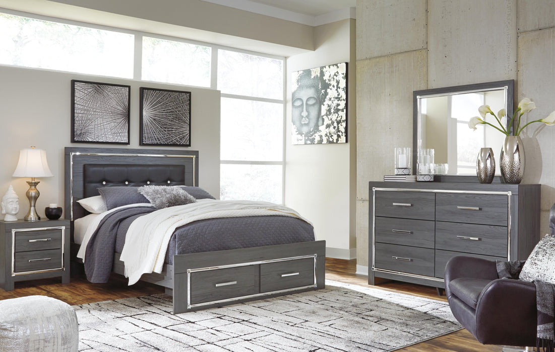 Lodanna Gray Lodanna Queen Panel Bed with 2 Storage Drawers with Mirrored Dresser and Chest
