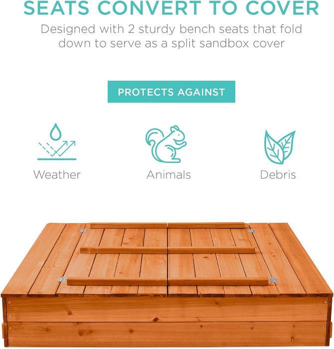 Best Choice Products Kids' Outdoor Wooden Sandbox Large, Cedar Wood with Foldable Bench Seats and Sand Protection, Bottom Liner Included - Brown - open_box