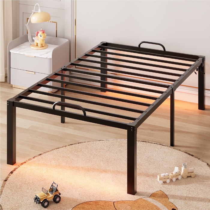 Pinmoco Twin Bed Frame with Dual LED Lights and Charging, Heavy Duty Metal Platform Bed with 16.5'' Large Under Bed Storage Space, Black - new
