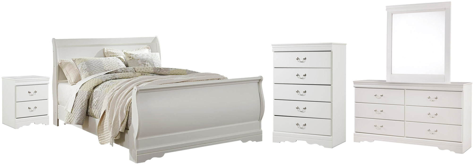 Anarasia White Anarasia Queen Sleigh Bed with Mirrored Dresser, Chest and Nightstand