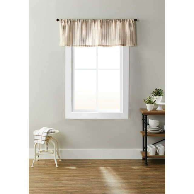 Better Homes & Gardens Light Filtering Kitchen Valance, Beige Stripe, 56” x 36” (3 Panels) - new