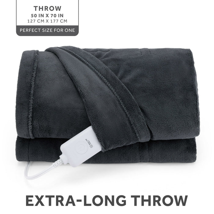 Sunbeam Electric Heated Throw Blanket Oversize Grey stone Microplush 4 Heat Settings - new