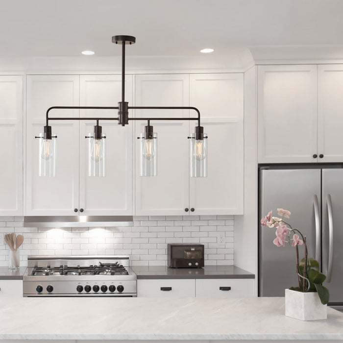 Better Homes & Gardens 34” Farmhouse 4-Light Island Pendant Light, Bronze Metal Clear Glass Shades - new