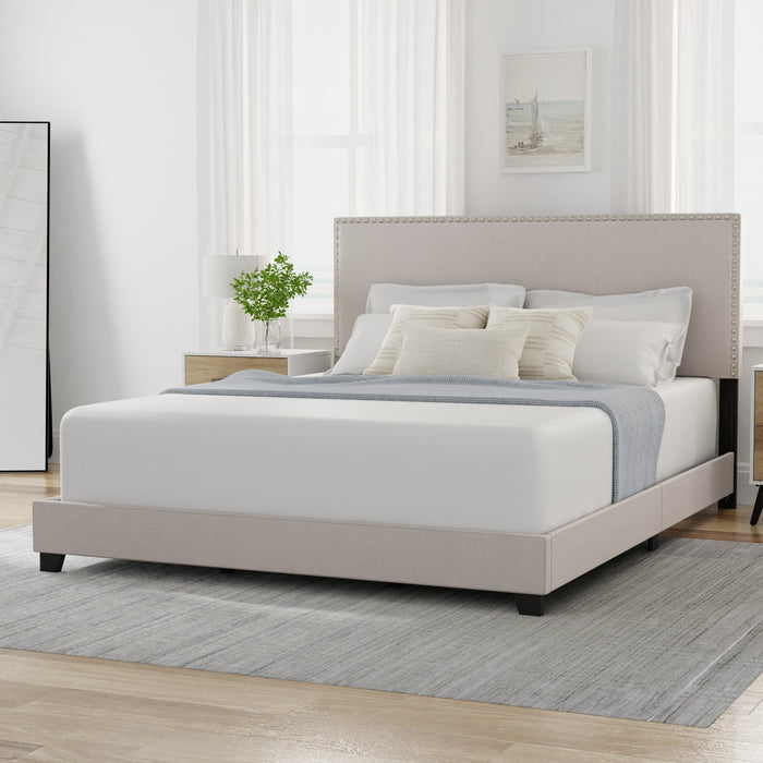 Willow Nailhead Trim Upholstered Queen Bed, Fog - new