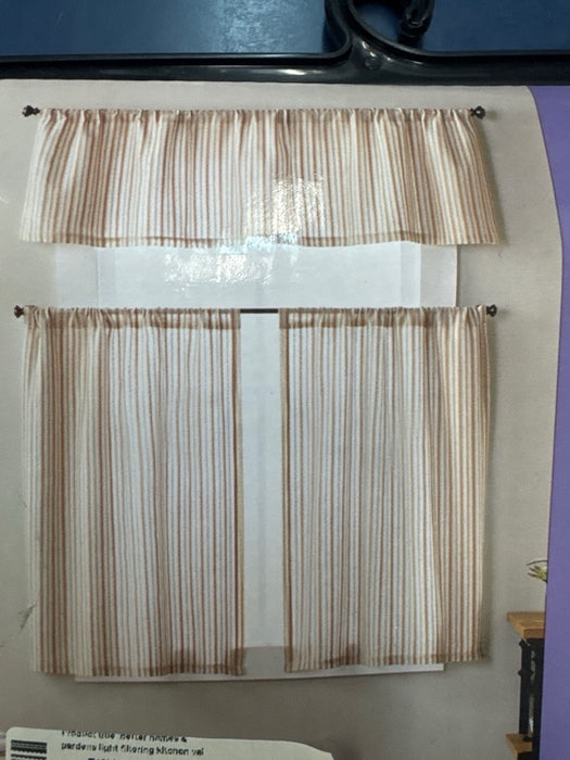 Better Homes & Gardens Light Filtering Kitchen Valance, Beige Stripe, 56” x 36” (3 Panels) - new