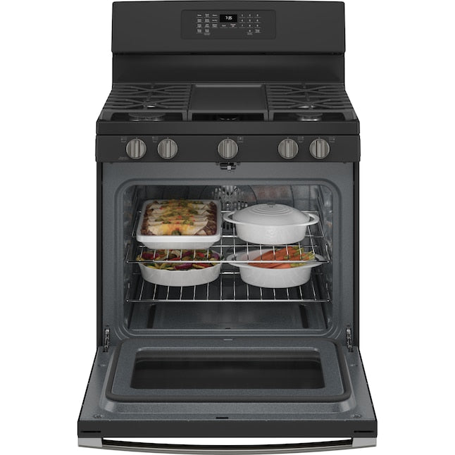 GE 30-in 5 Burners 5-cu ft Self-Cleaning Air Fry Convection Oven Freestanding Gas Range (Black Slate) - new